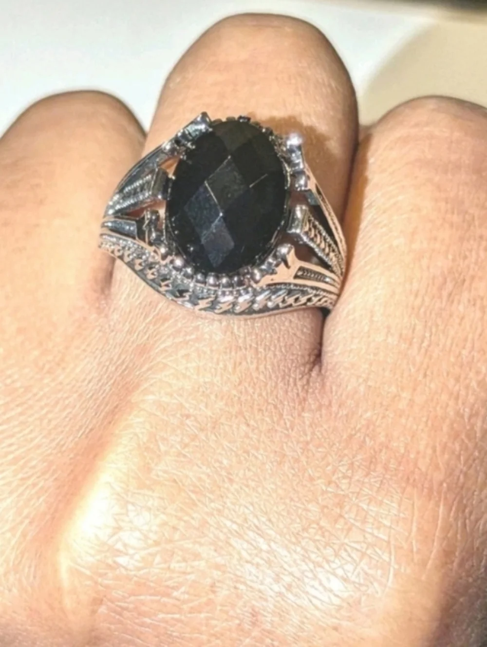 Mens Black Simulated Onyx Ring Silver Plated Size 10 Oval Statement Gothic Ring